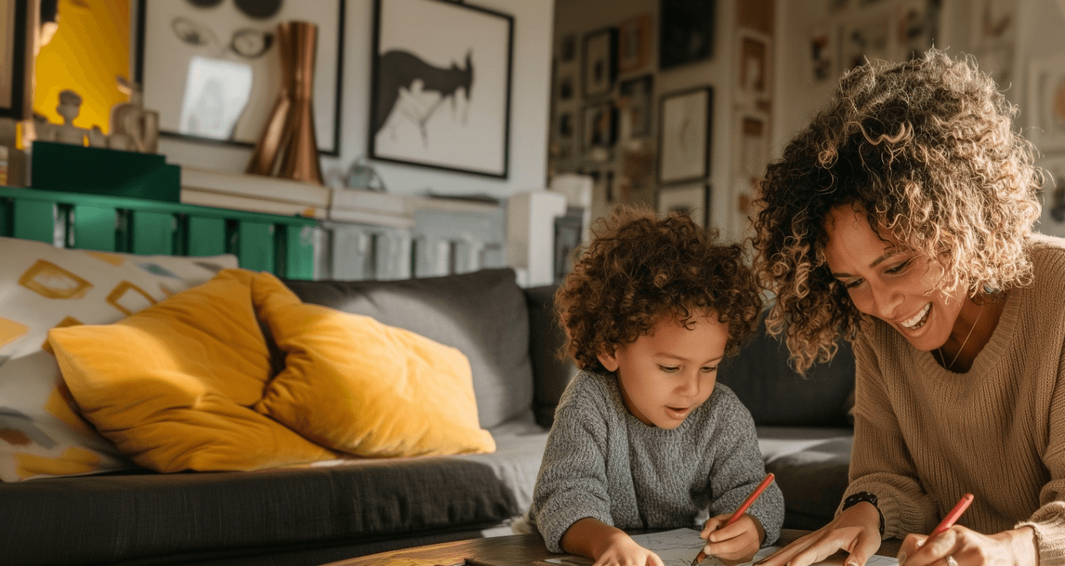 A caring woman and young child sitting on the floor playing with colorful LEGO blocks in a bright, welcoming living room - representing the nurturing home-based childcare experience